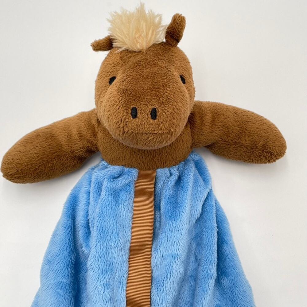 Mud Pie Blue Horse Lovey Minky Brown Satin Trim Baby Security Blanket Mudpie
